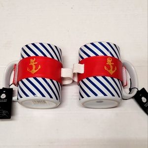 2pc Nwt! Wild Eye Designs Blue And White Strips "Anchor" Coffee Mugs